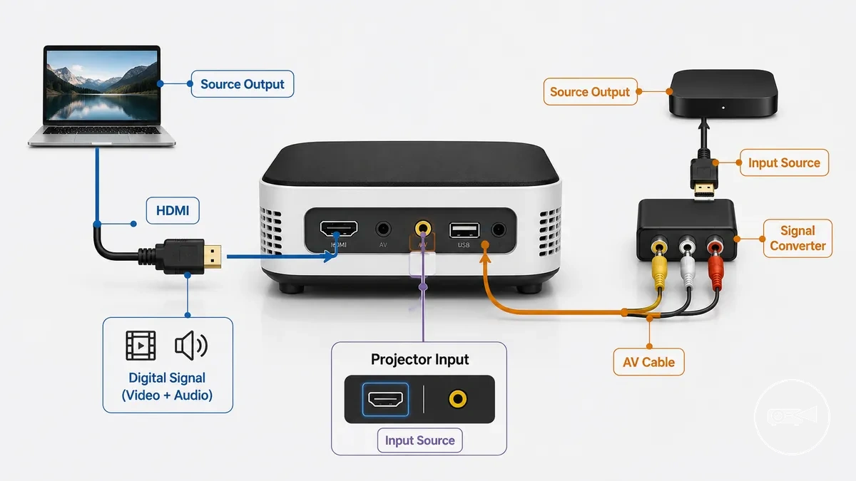 توصيلات كابل HDMI و AV موضحة بجانب منافذ إدخال جهاز العرض الصغير المطابقة.