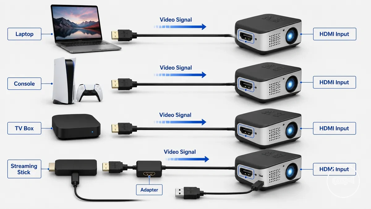 مدخل HDMI على جهاز عرض صغير متصل بكمبيوتر محمول ووحدة تحكم وصندوق تلفاز وعصا بث - أمثلة