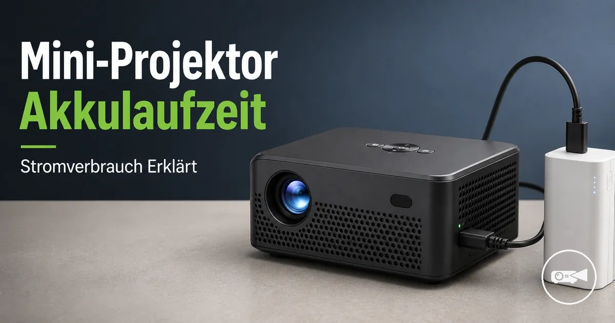 Akku-betriebener Mini-Projektor mit angeschlossenem Ladekabel