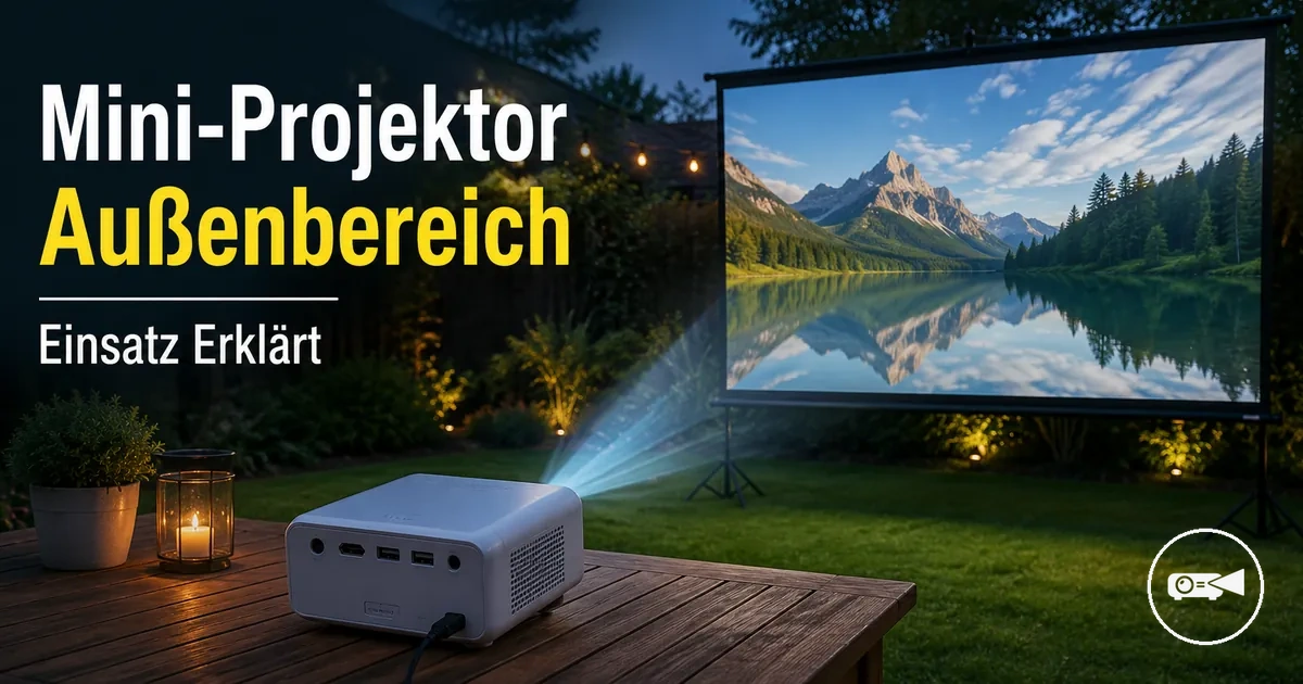 Mini-Projektor, der in einem Garten auf eine Außenleinwand projiziert