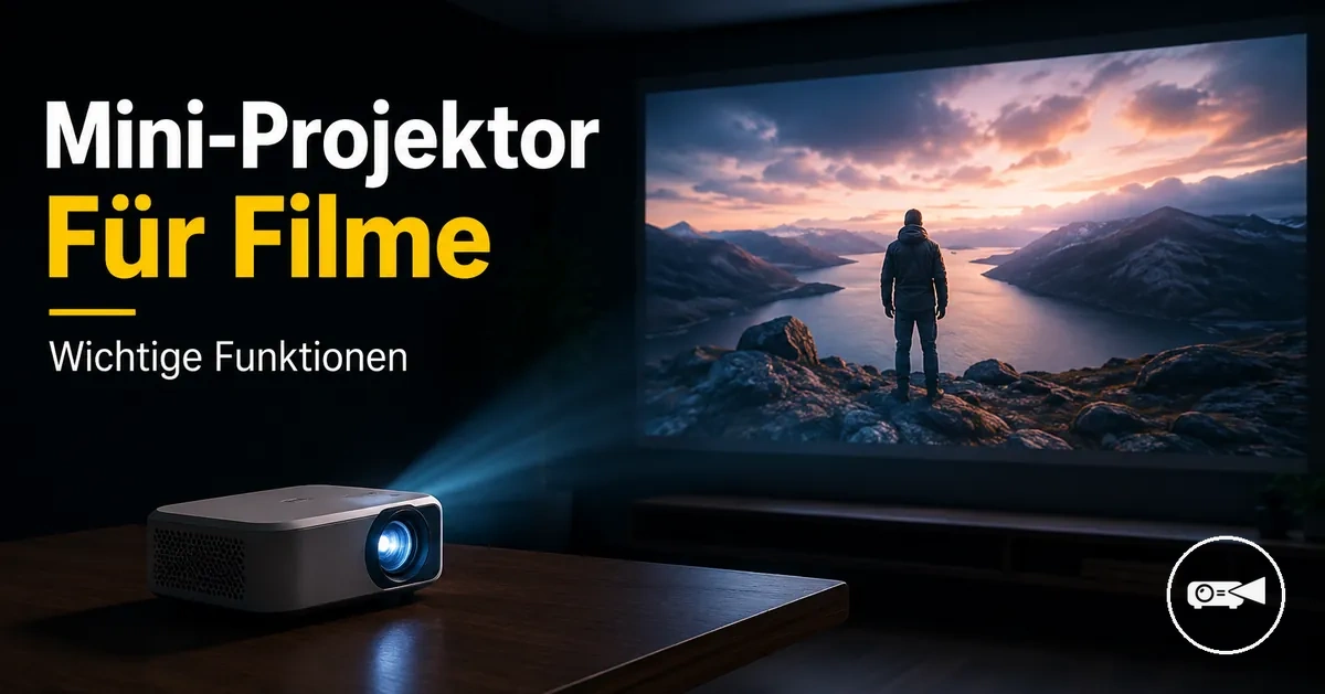 Mini-Projektor zeigt eine Filmszene auf einer Leinwand in einem dunklen Raum