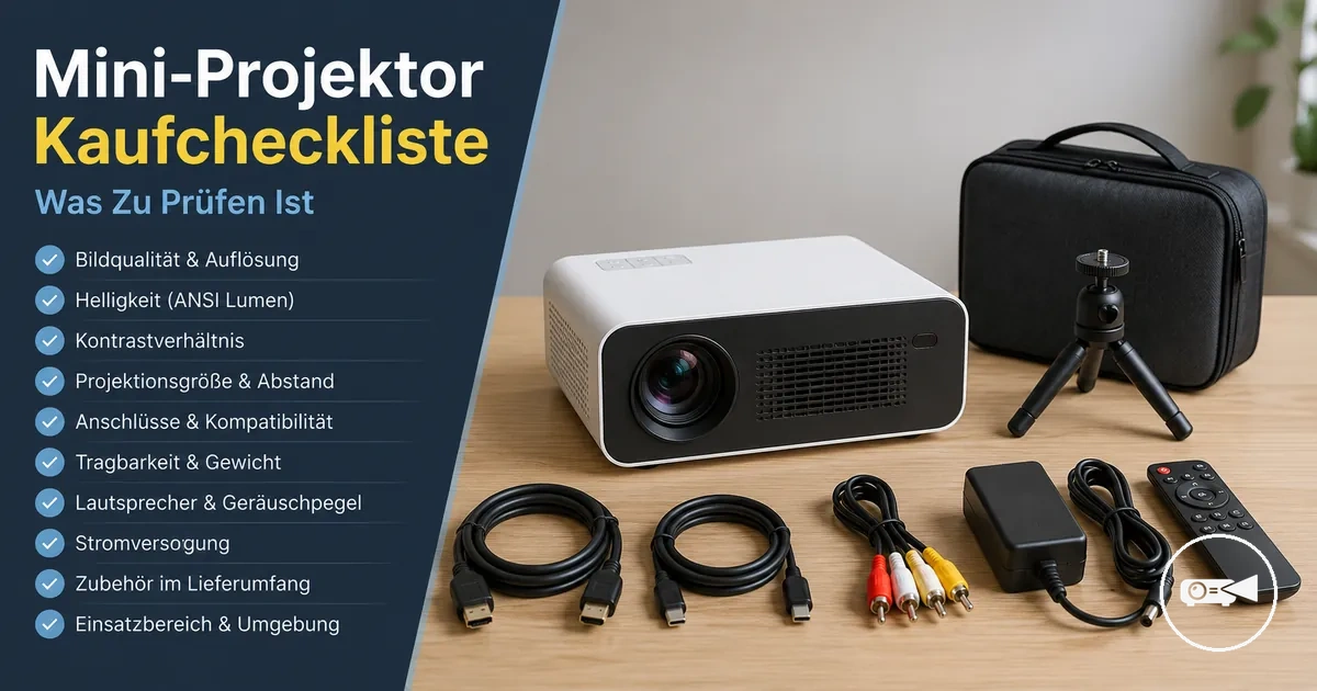 Mini-Projektor Kaufcheckliste mit Projektor, Kabeln und Zubehör auf einem Tisch