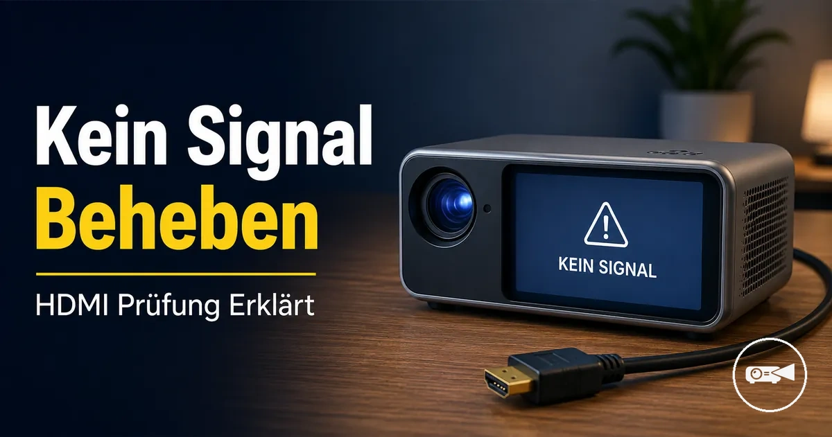Mini-Projektor zeigt eine Kein-Signal-Meldung mit HDMI-Kabel in der Nähe