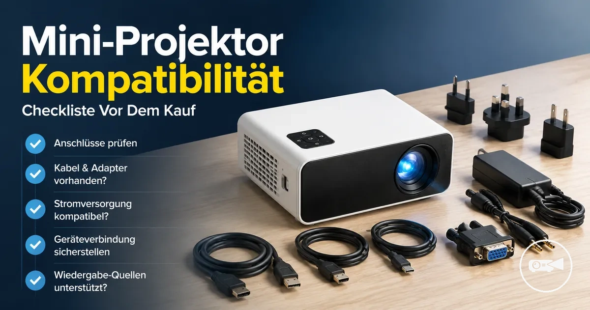 Mini-Projektor neben Verbindungskabeln und Geräte-Zubehör