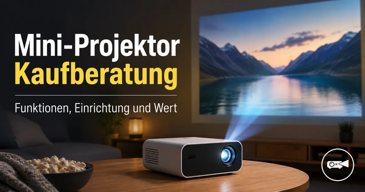 Kompakter Mini-Projektor auf einem Tisch mit projizierter Leinwand im Hintergrund