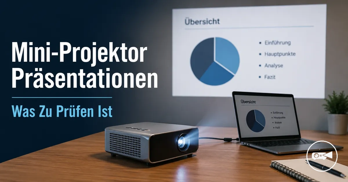 Mini-Projektor bei einer Präsentation mit Laptop auf einem Schreibtisch