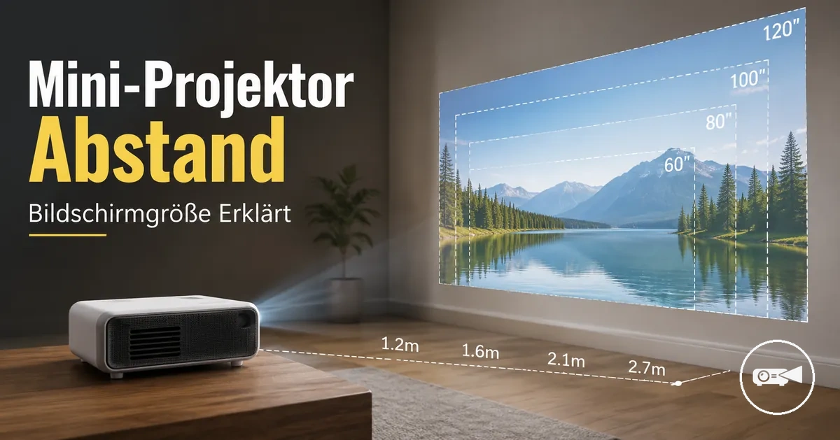 Mini-Projektor in gemessenem Abstand zu einer Projektionsfläche positioniert