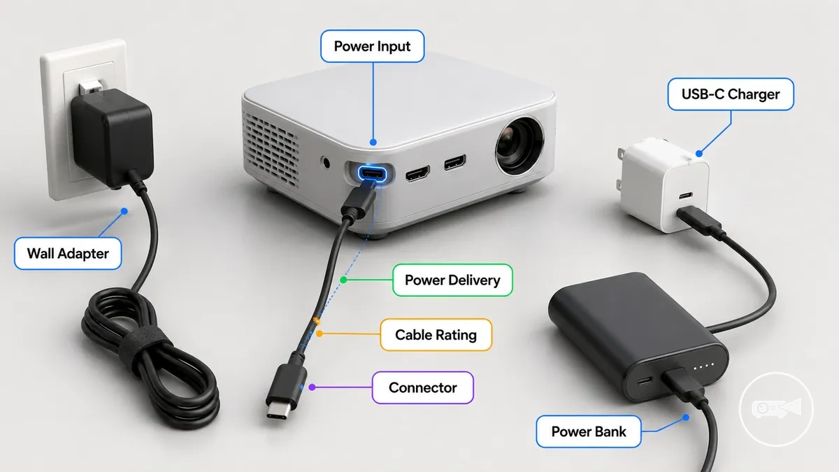 Annotiertes Beispiel, das einen Mini-Projektor zeigt, der an ein Netzteil, ein USB-C-Ladegerät und eine Powerbank angeschlossen ist, mit Kompatibilitätsprüfungen für den Stromeingang