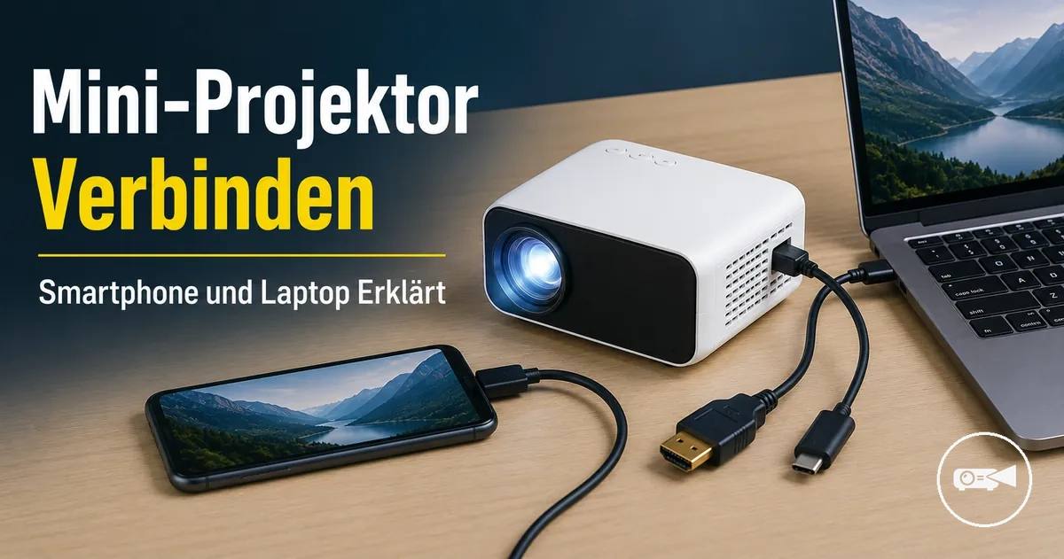 Mit Smartphone und Laptop verbundener Mini-Projektor mit Kabeln in der Nähe