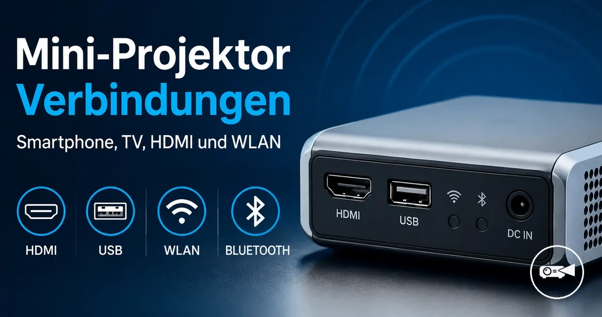 Anschlüsse eines Mini-Projektors mit HDMI, USB und kabellosen Verbindungssymbolen