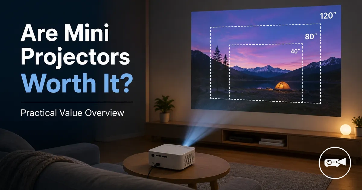 Mini projector in a small viewing setup showing its practical screen size