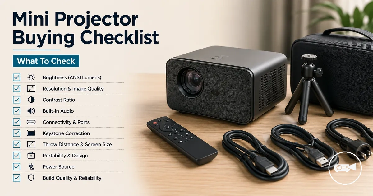Mini projector buying checklist with projector, cables, and accessories on a table