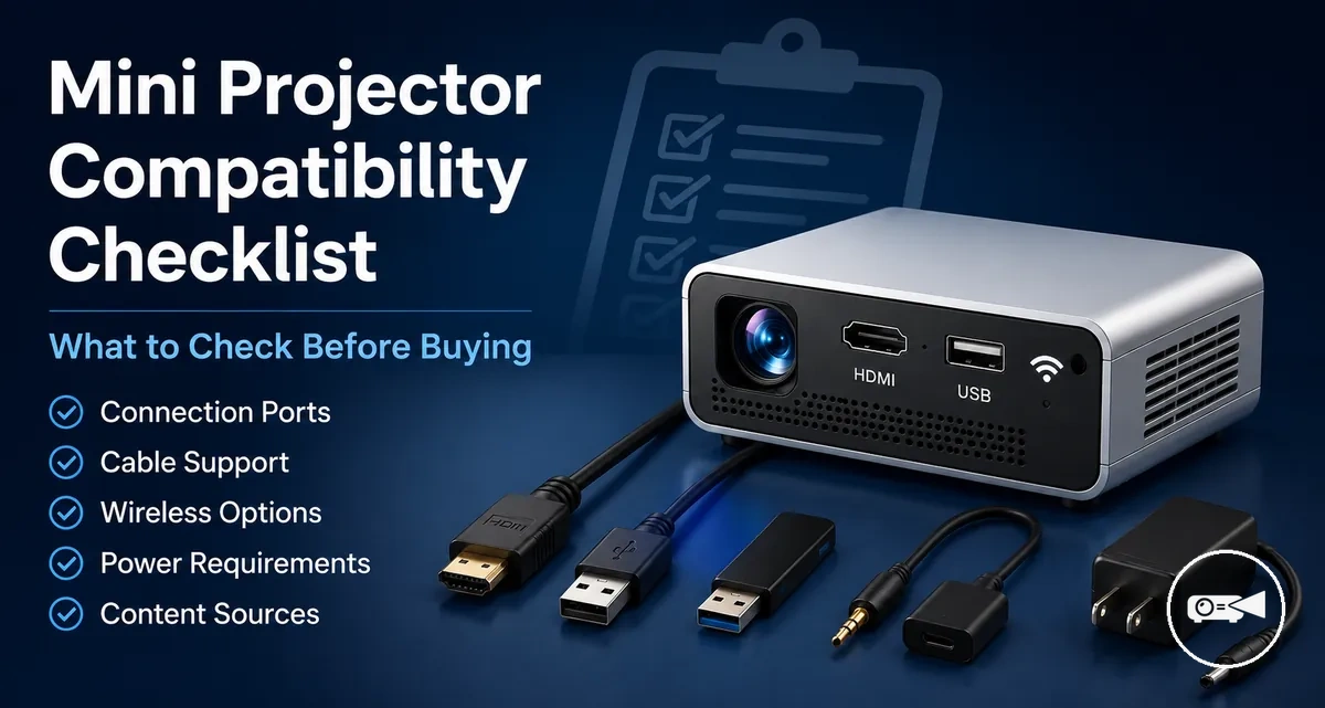 Mini projector beside common connection cables and device accessories