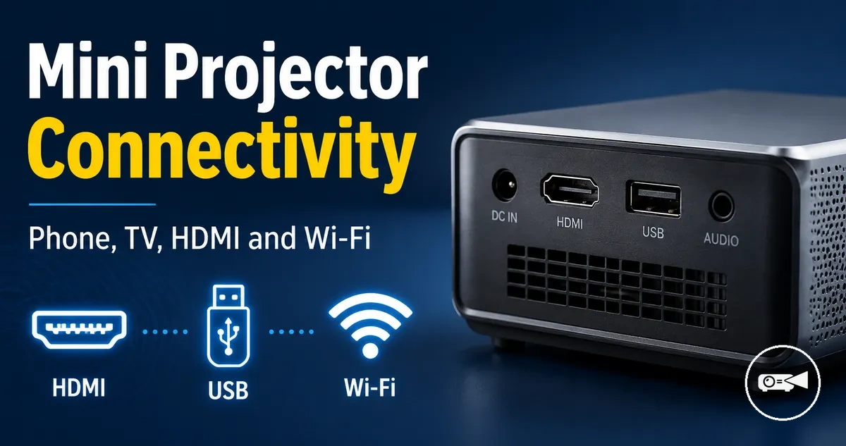 Mini projector ports with HDMI, USB, and wireless connection symbols