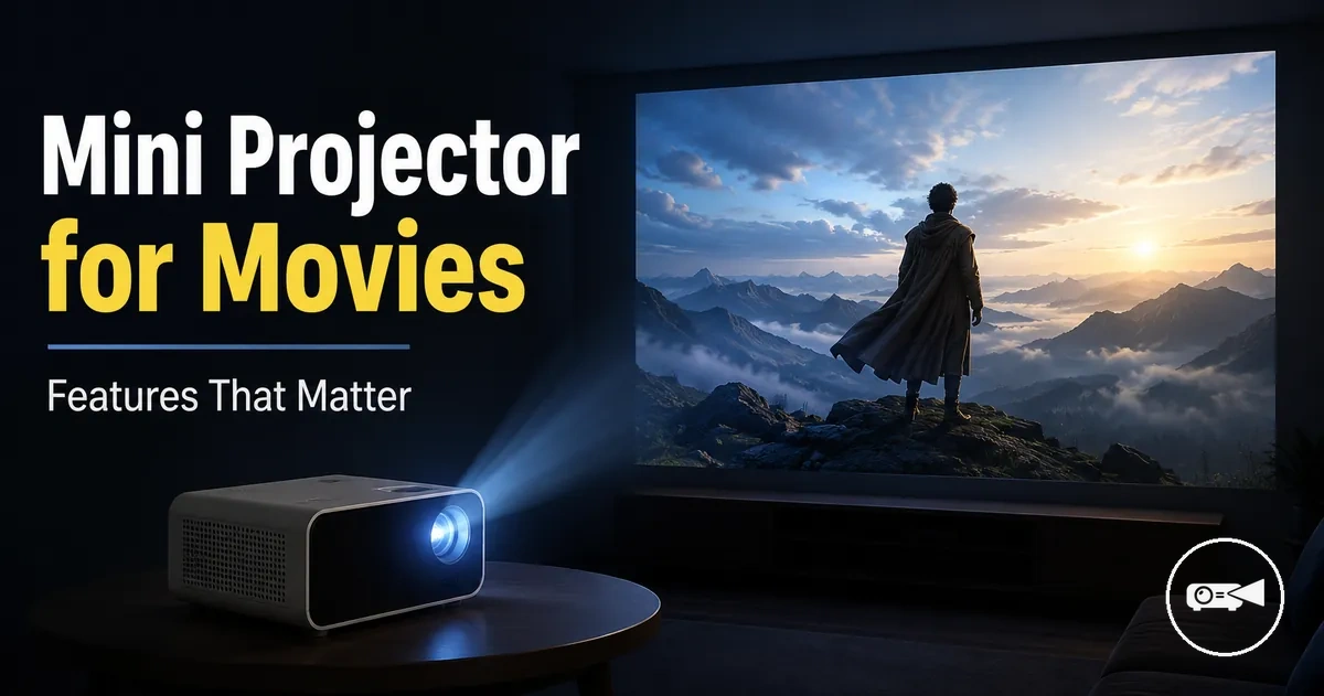 Mini projector showing a movie scene on a screen in a dark room