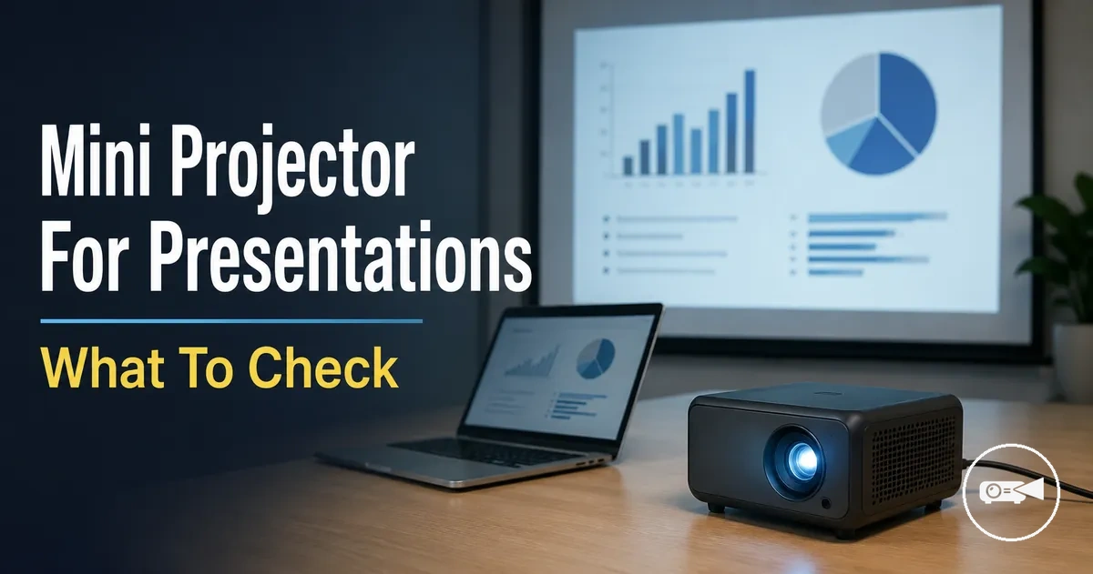 Mini projector used for a presentation with a laptop on a desk