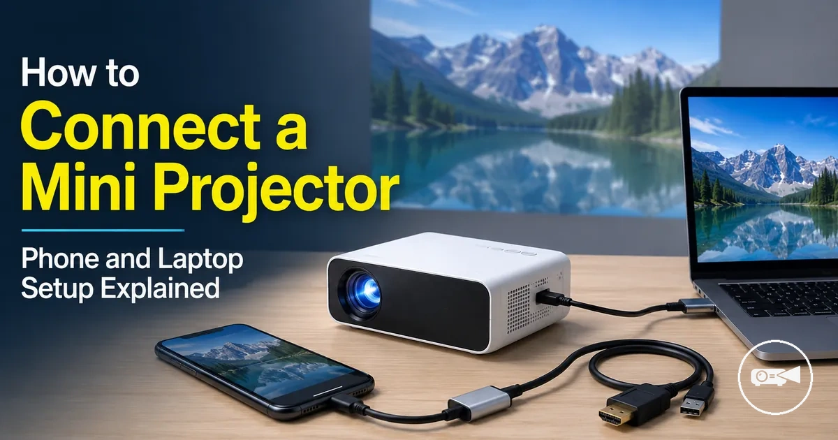 Mini projector connected to a phone and laptop with cables nearby