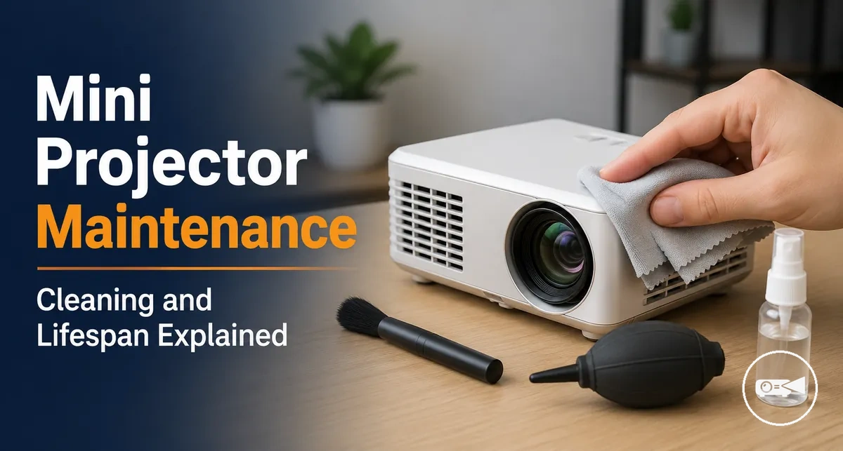 Mini projector being cleaned with a soft cloth and lens cleaning tools