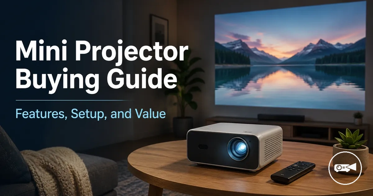 Compact mini projector on a table with a projected screen in the background