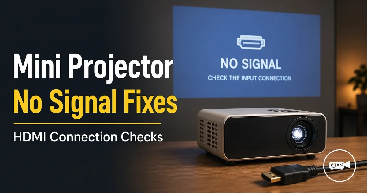 Mini projector showing a no signal message with HDMI cable nearby