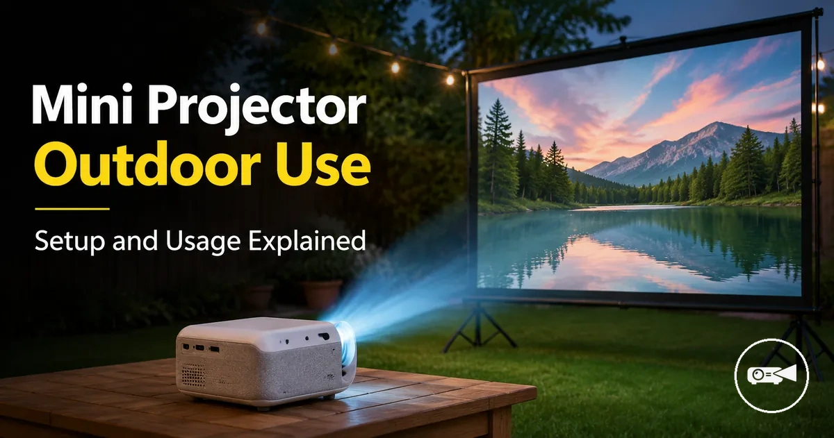 Mini projector projecting onto an outdoor screen in a backyard setting