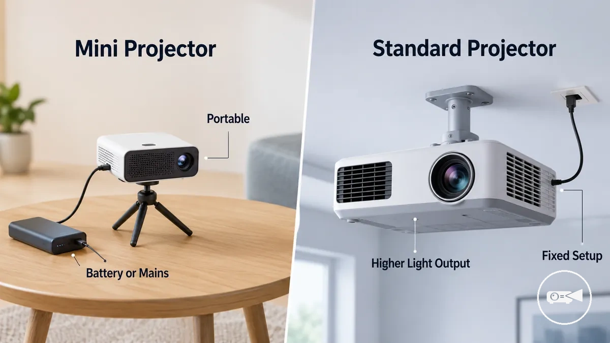Mini projector and standard projector shown side by side for type comparison