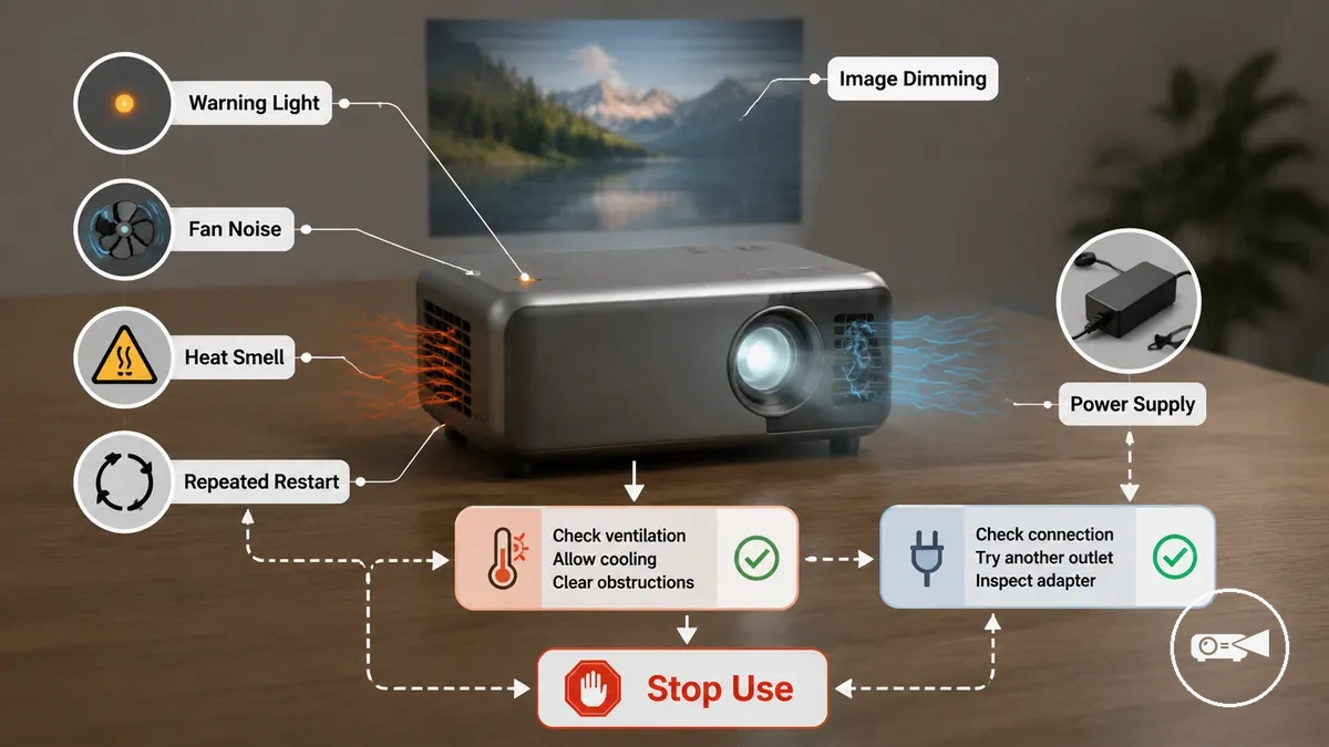 Mini projector displaying warning indicators associated with overheating symptoms