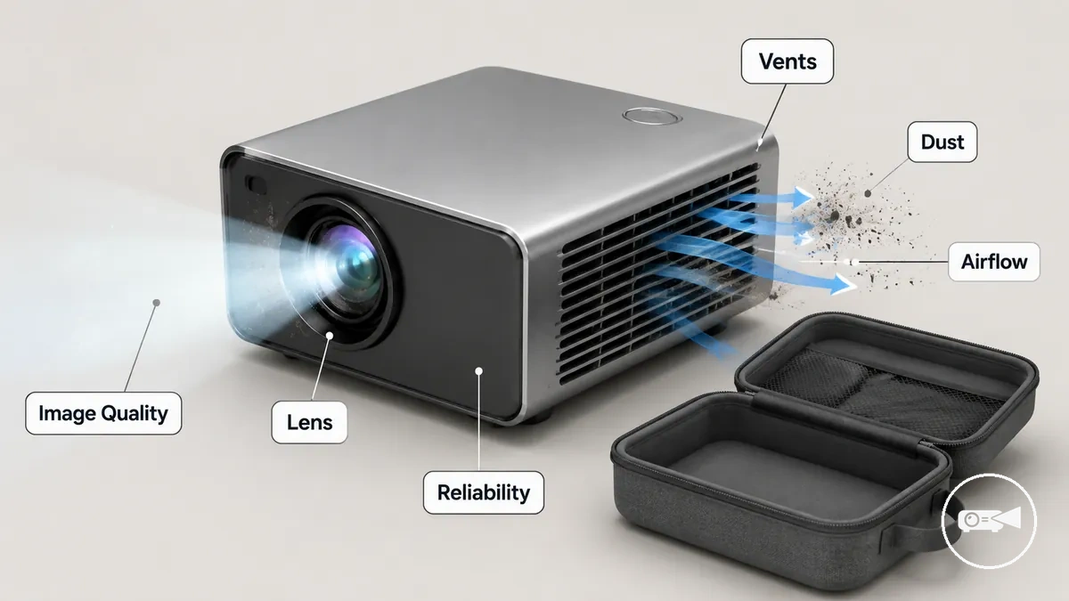 Annotated mini projector showing lens, vents, and dust-sensitive areas protected by maintenance