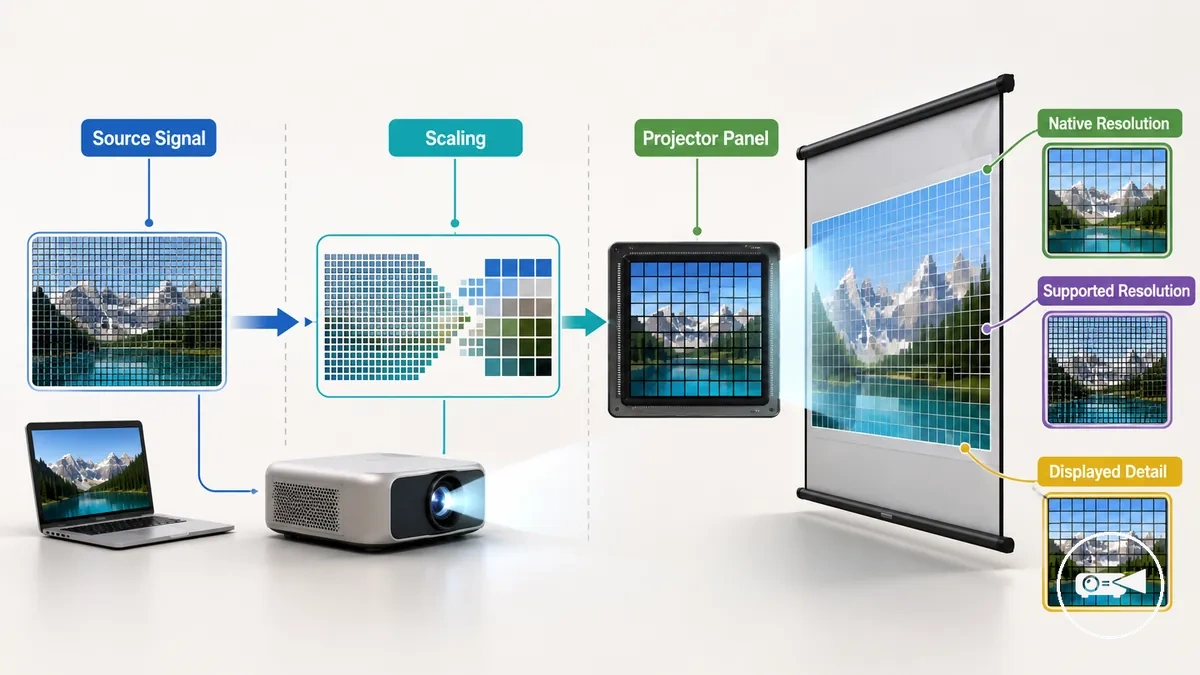 Mini projector diagram showing the difference between native resolution, supported resolution, and displayed detail