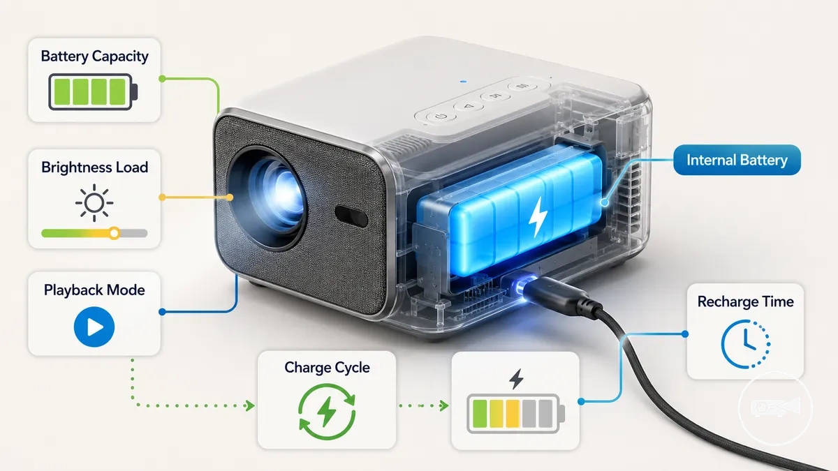 Compact mini projector showing an internal rechargeable battery area, charging cable, and battery status indicator