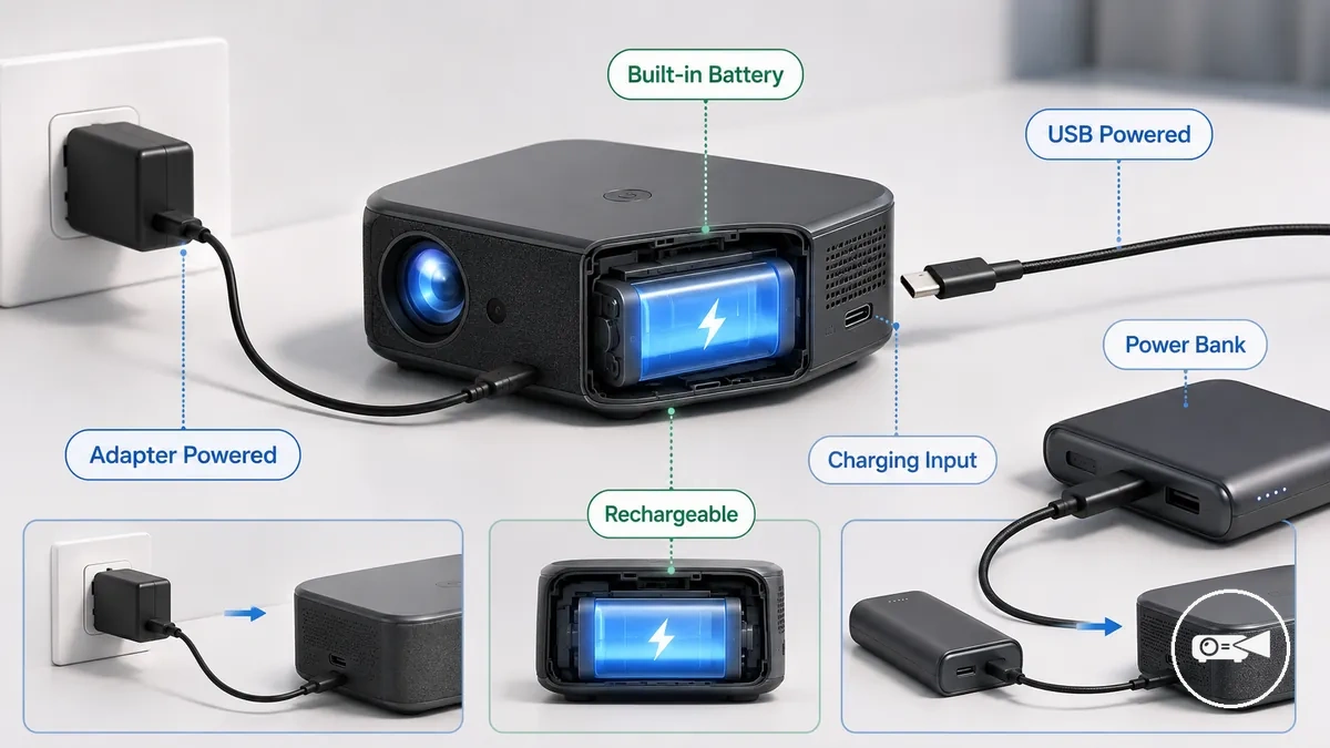Mini projector with built-in battery, USB charging cable, power bank, and wall adapter illustrating different power systems