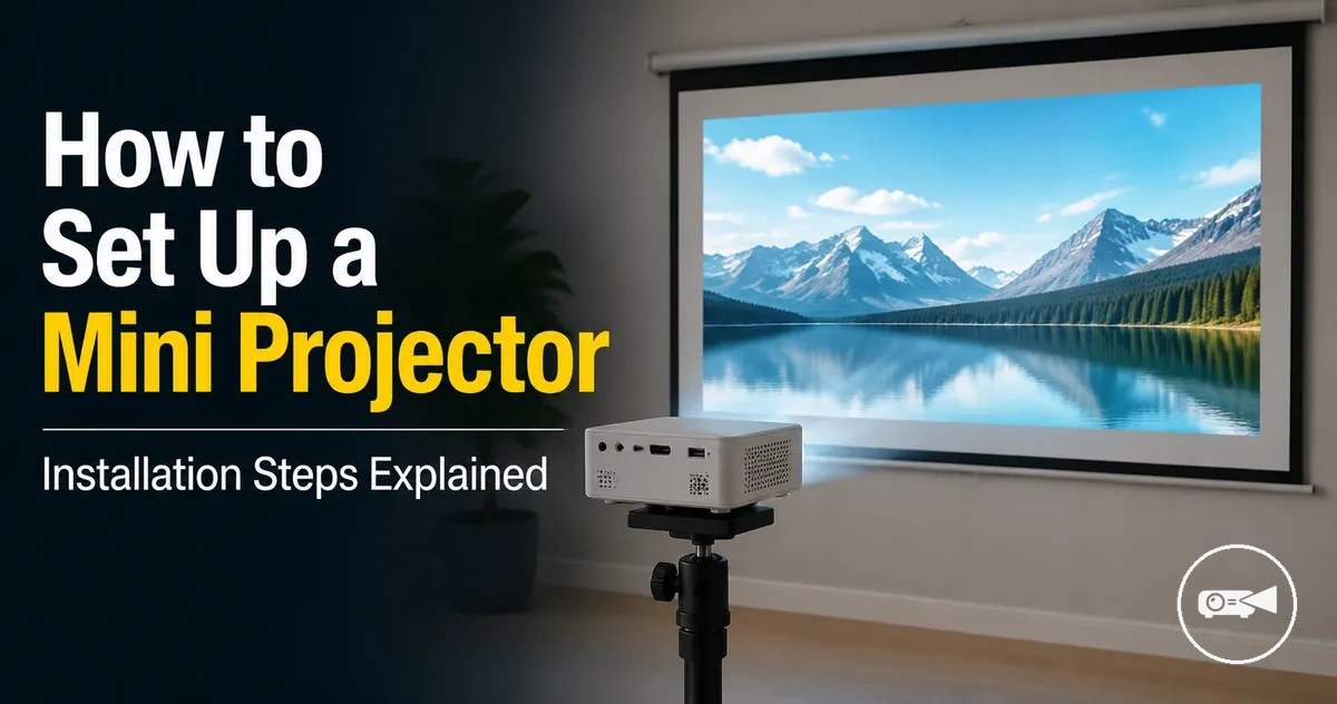 Mini projector set up on a stand facing a projection screen