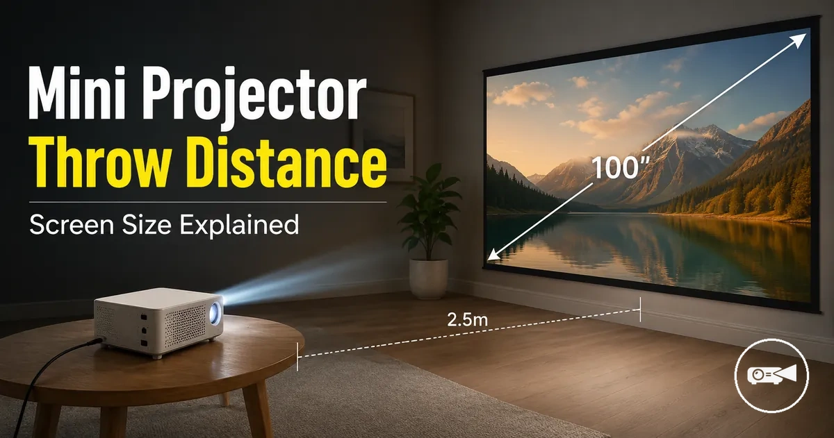Mini projector positioned at a measured distance from a projection screen