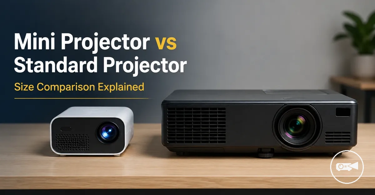 Mini projector placed beside a larger standard projector for size comparison