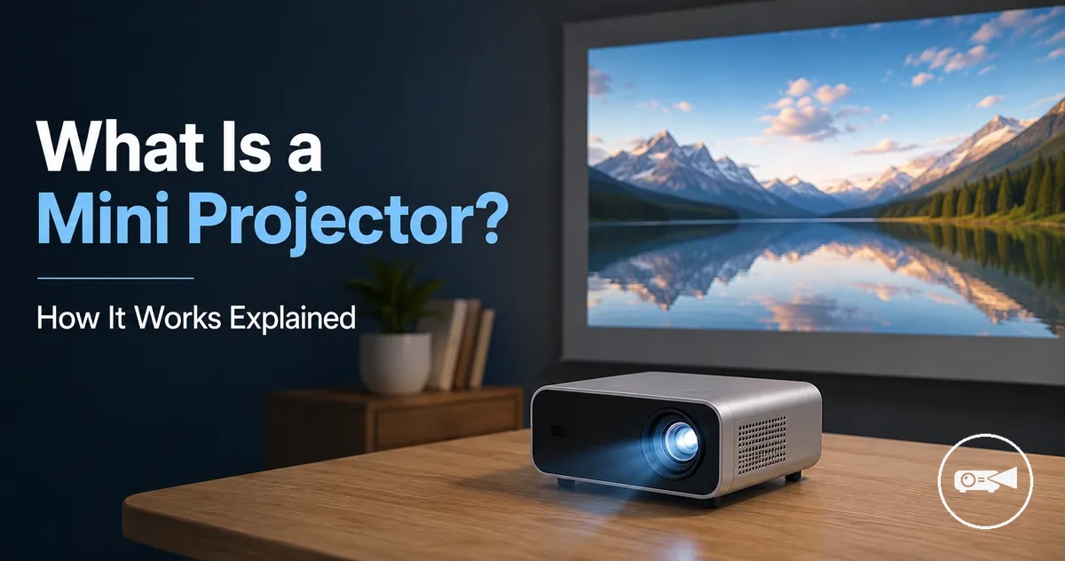 Small mini projector showing its lens, body, and basic projection setup