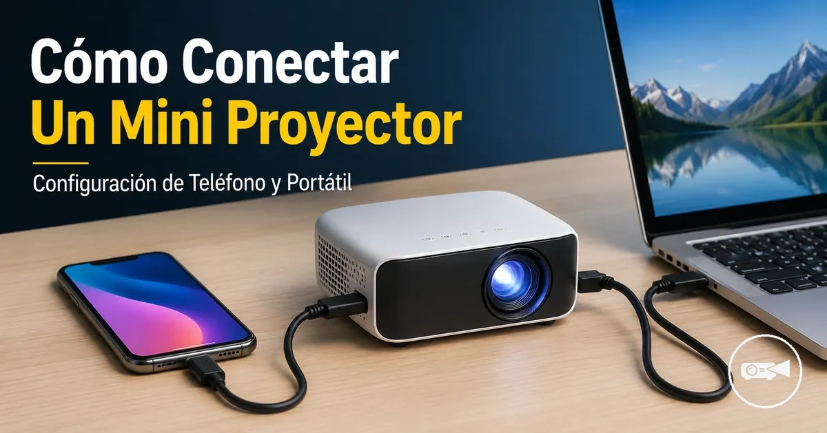 Mini proyector conectado a un teléfono y un portátil con cables cerca