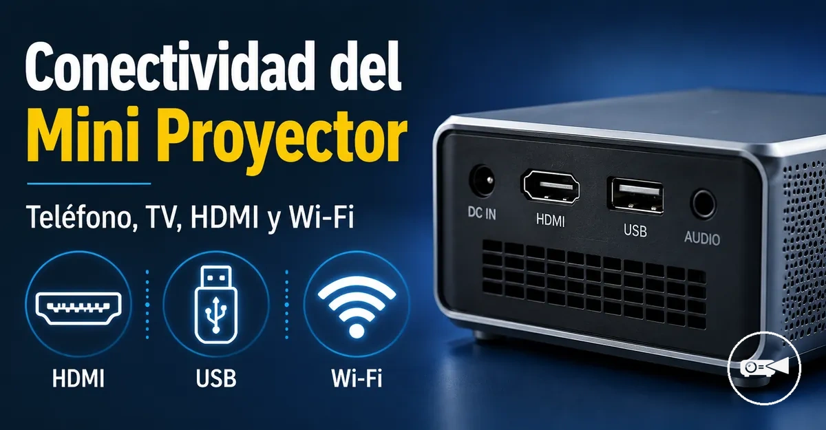 Puertos de mini proyector con símbolos de conexión HDMI, USB y conexión inalámbrica