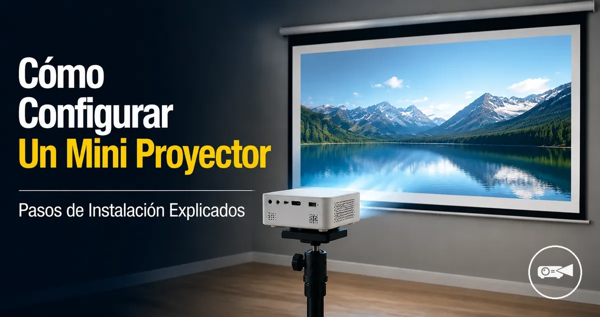 Mini proyector configurado sobre un soporte frente a una pantalla de proyección