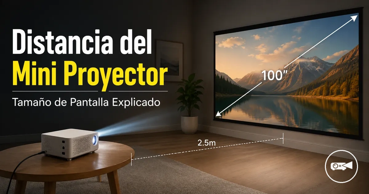 Mini proyector colocado a una distancia medida de una pantalla de proyección
