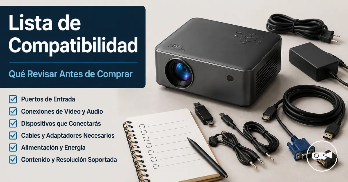 Mini proyector junto a cables de conexión y accesorios de dispositivos