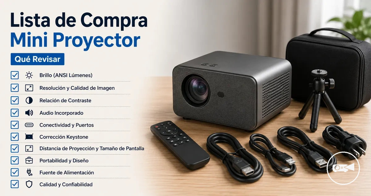 Lista de compra de mini proyector con proyector, cables y accesorios sobre una mesa