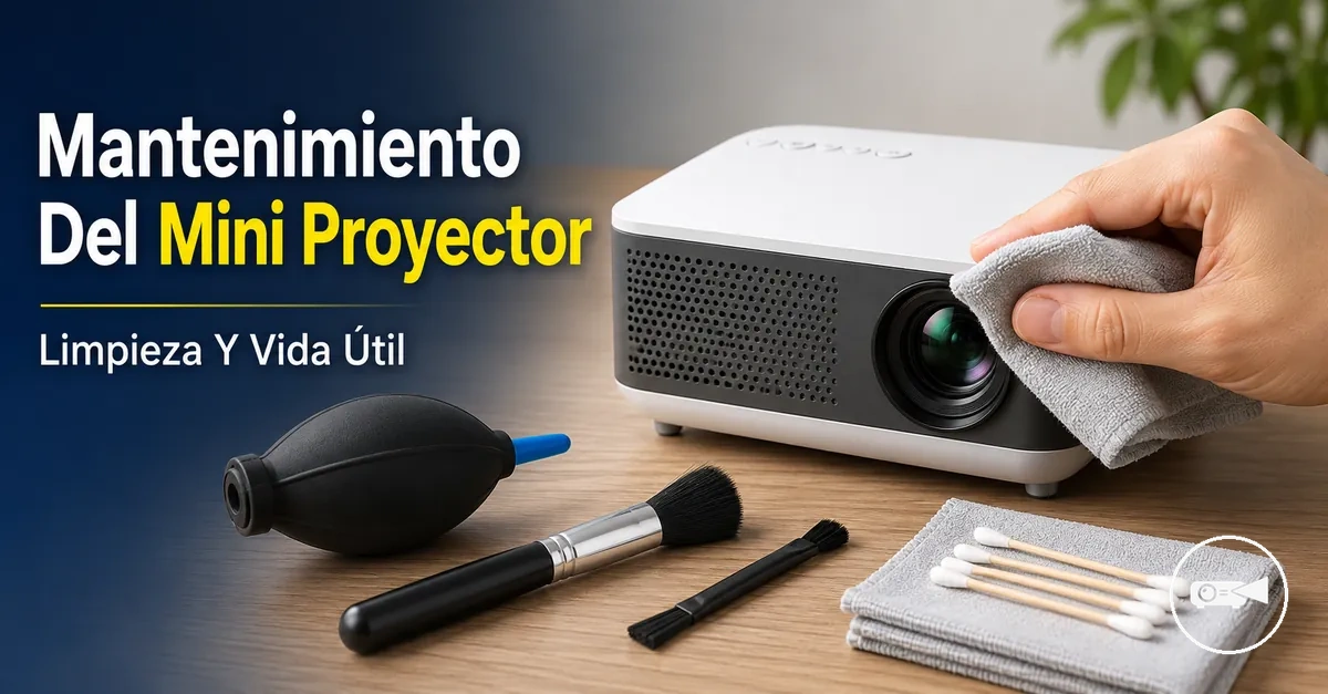 Mini proyector limpiado con un paño suave y herramientas para la lente