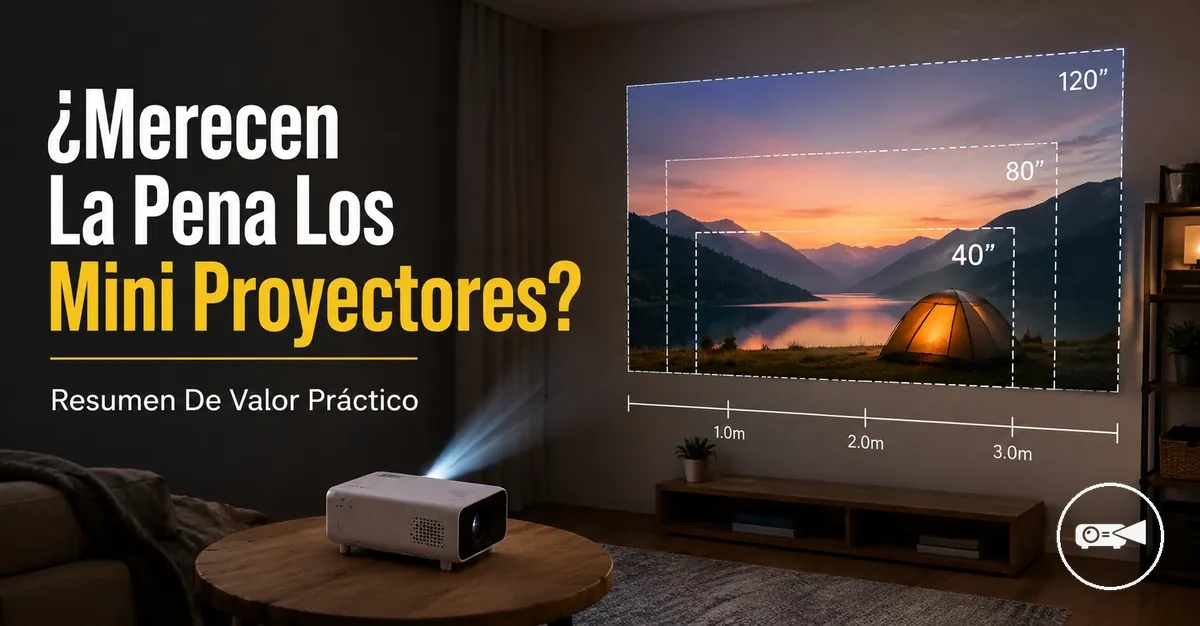 Mini proyector en una zona de visualización pequeña mostrando el tamaño de pantalla posible