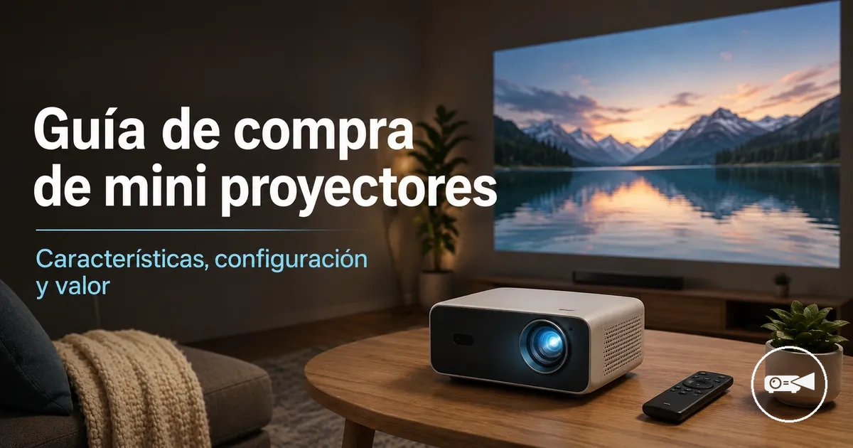 Mini proyector compacto sobre una mesa con una pantalla proyectada al fondo