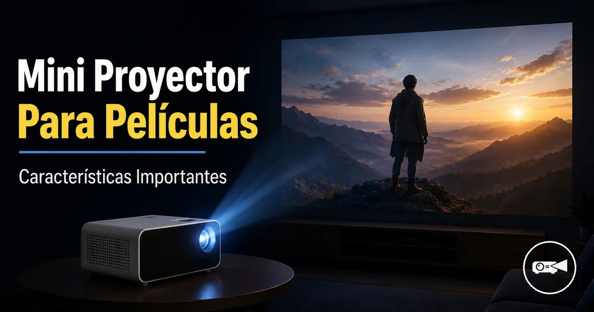 Mini proyector mostrando una película en una pantalla dentro de una habitación oscura