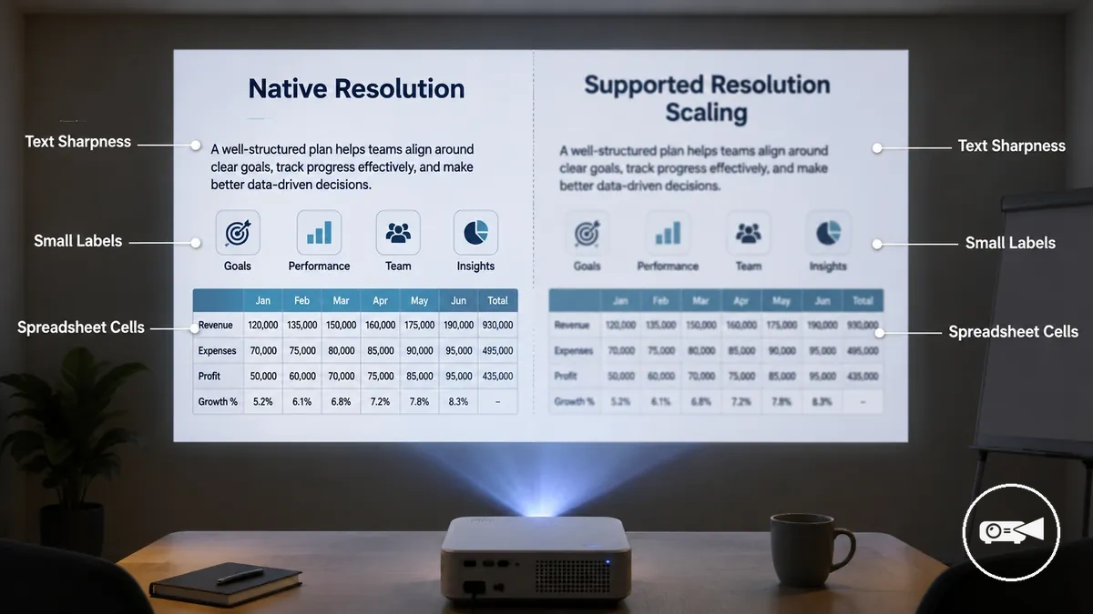 Comparación de resolución nativa y nitidez de texto en diapositivas de presentación proyectadas