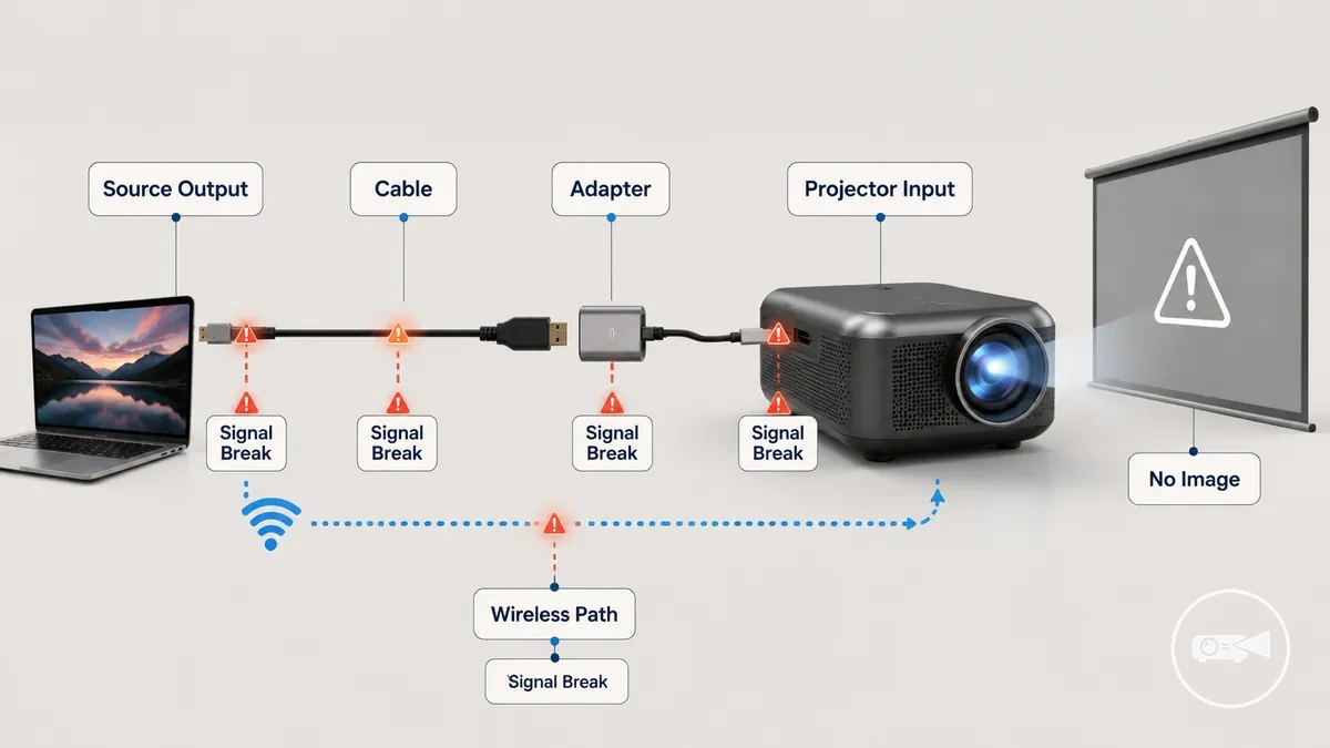 Diagrama de causas de pérdida de señal del mini proyector a través del dispositivo de origen, cable, adaptador y entrada
