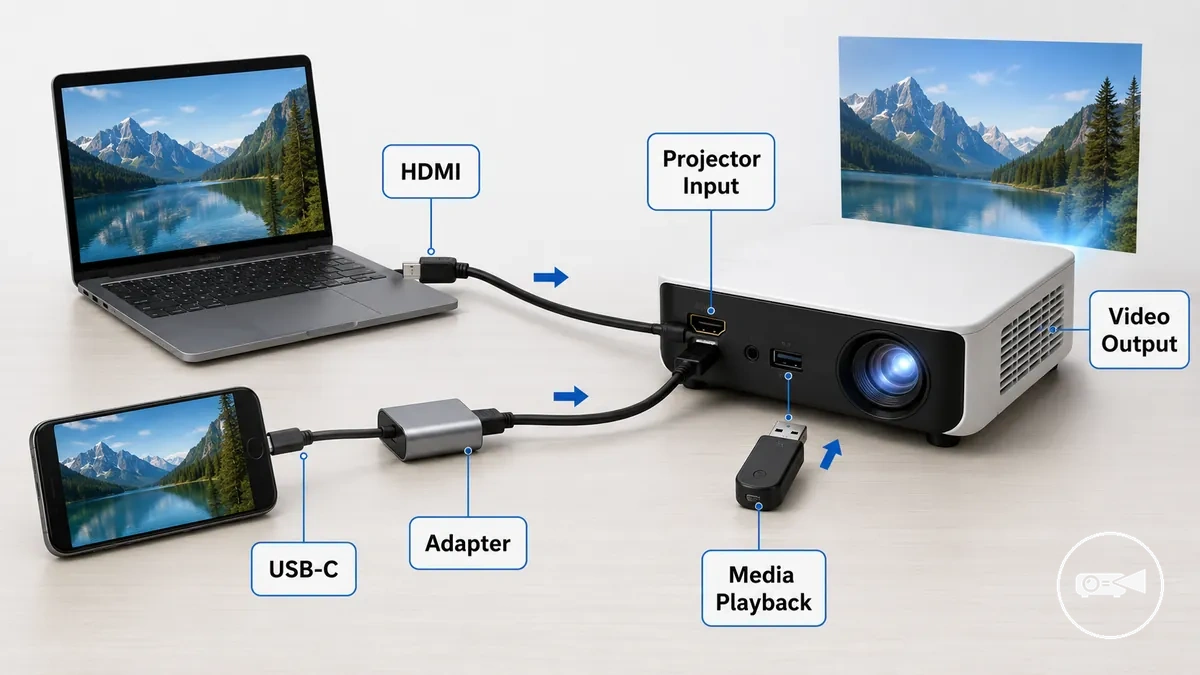 Conexiones de video por cable anotadas en un mini proyector con etiquetas HDMI, USB-C y de adaptador