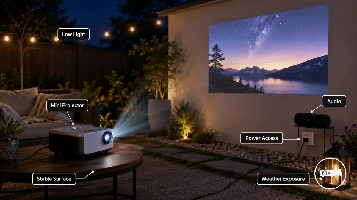 Mini proyector funcionando en exteriores sobre una superficie estable en un jardín con poca luz