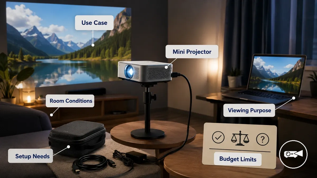 Configuración de un mini proyector en una habitación con un soporte, cables y área de visualización